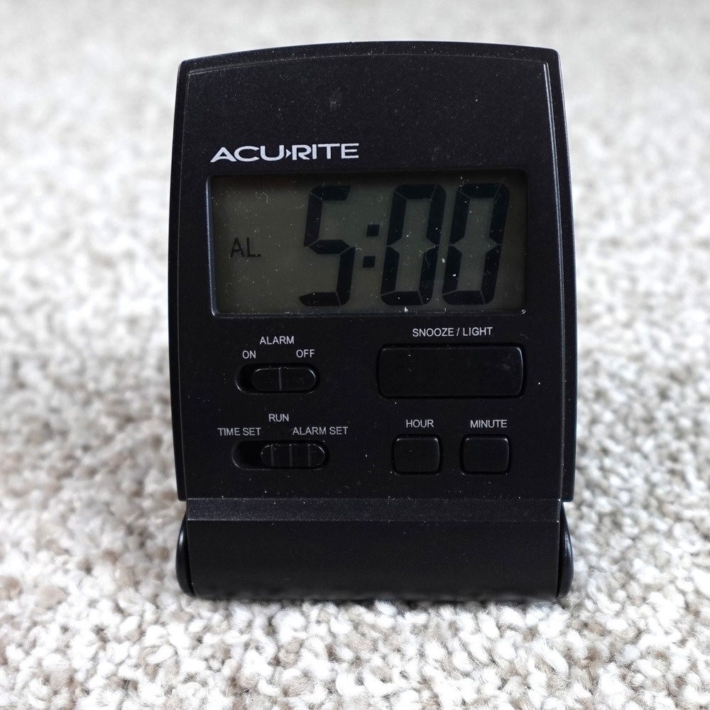 AcuRite Digital Travel Alarm Clock Black Folding Clamshell LCD Snooze Light